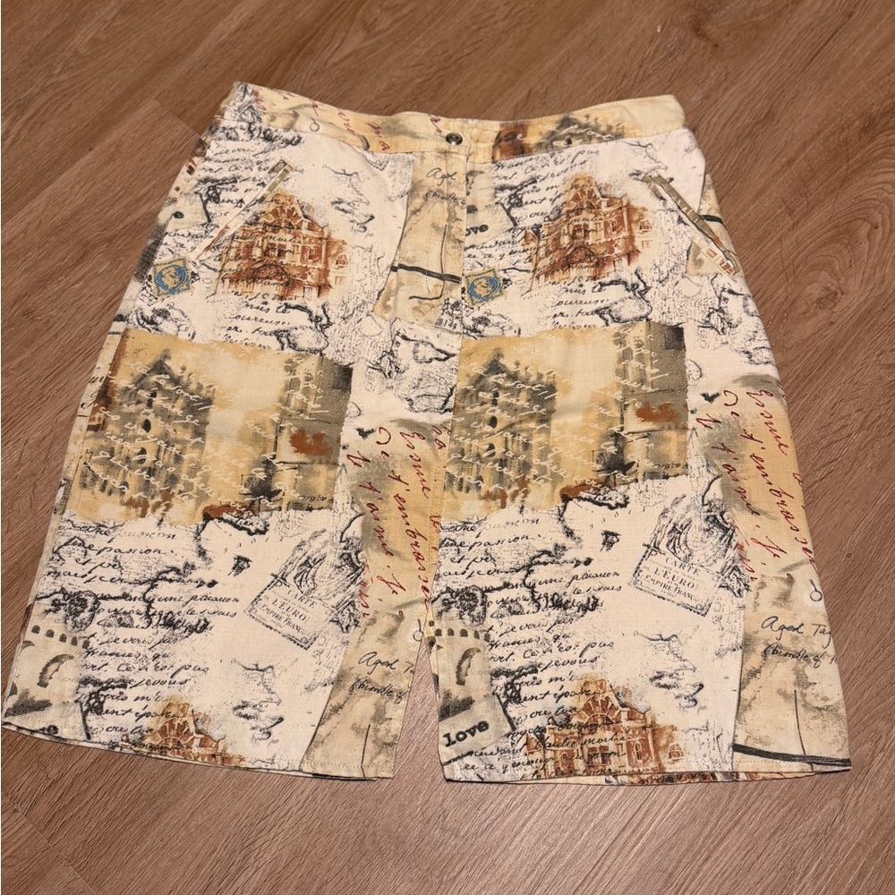CHICOS Vintage European Map Script Castle Travel Postcard Linen Skirt